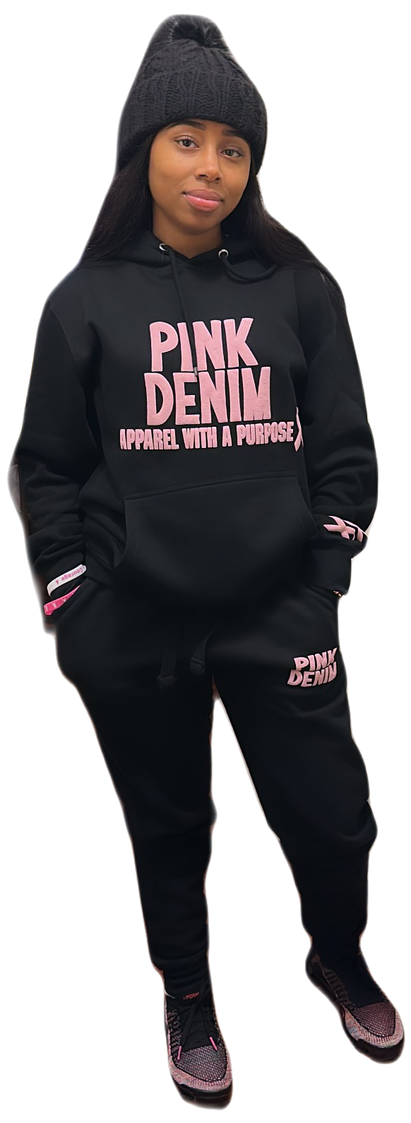 3D Puff Pink Denim Hooded Sweatsuit