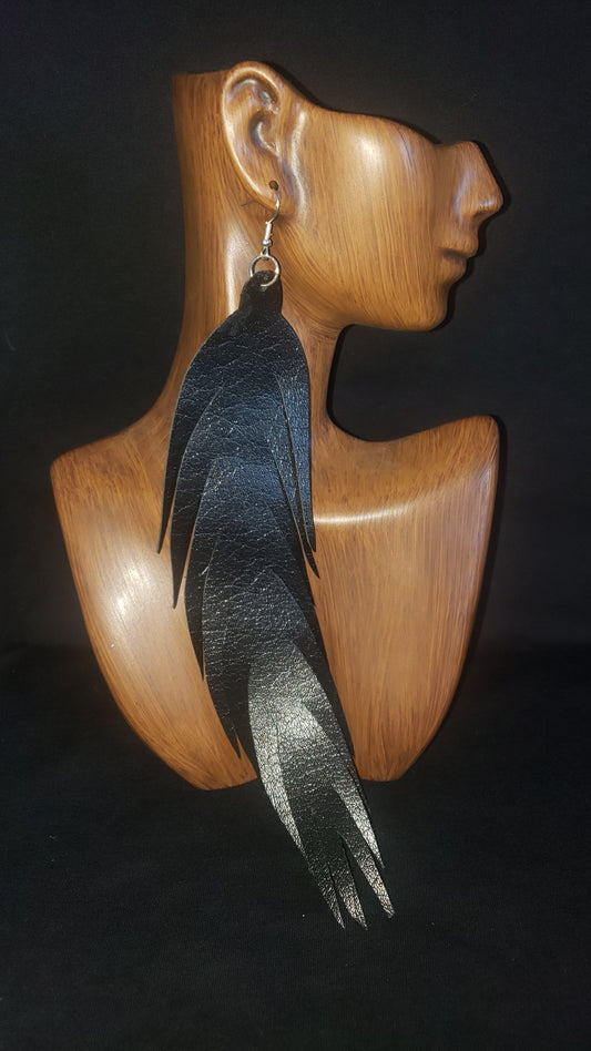 Black Genuine Leather Feather Earrings
