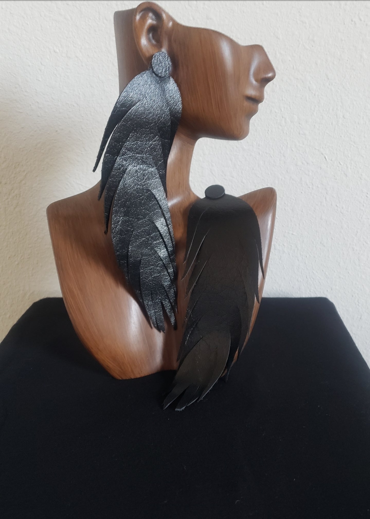 Black Genuine Leather Feather Earrings