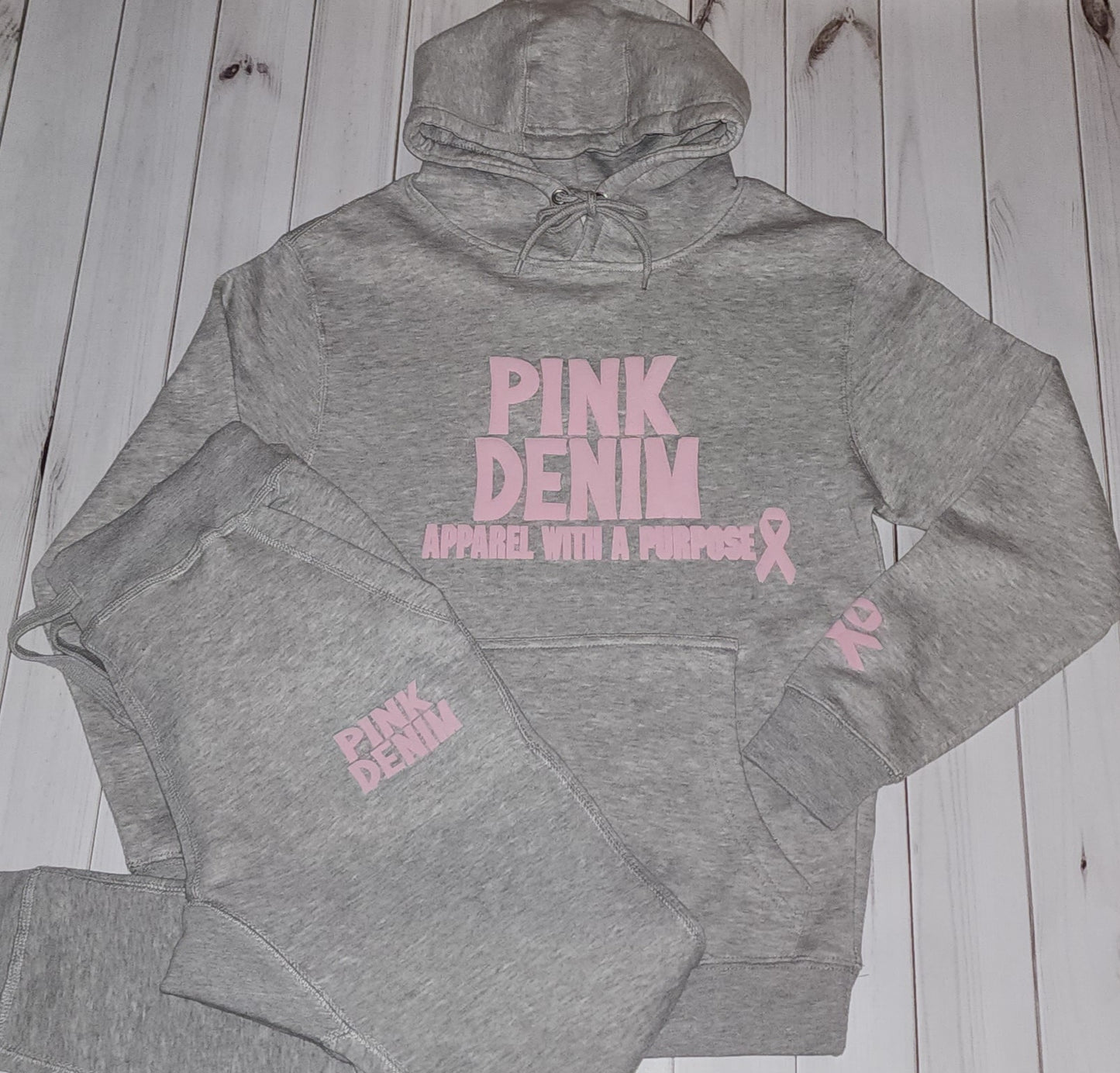 3D Puff Pink Denim Hooded Sweatsuit