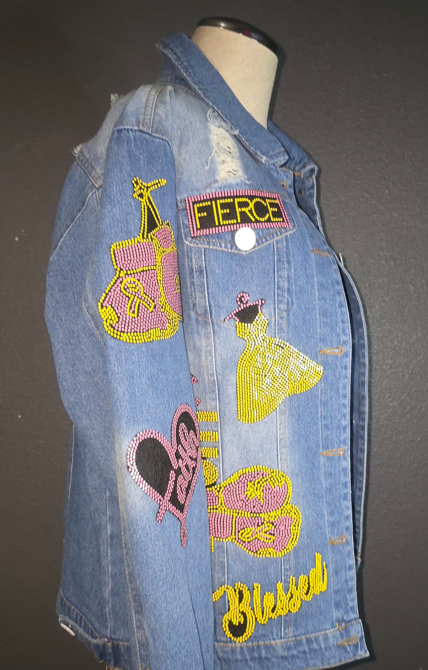 Pink/Yellow Distressed Denim Patch Jacket