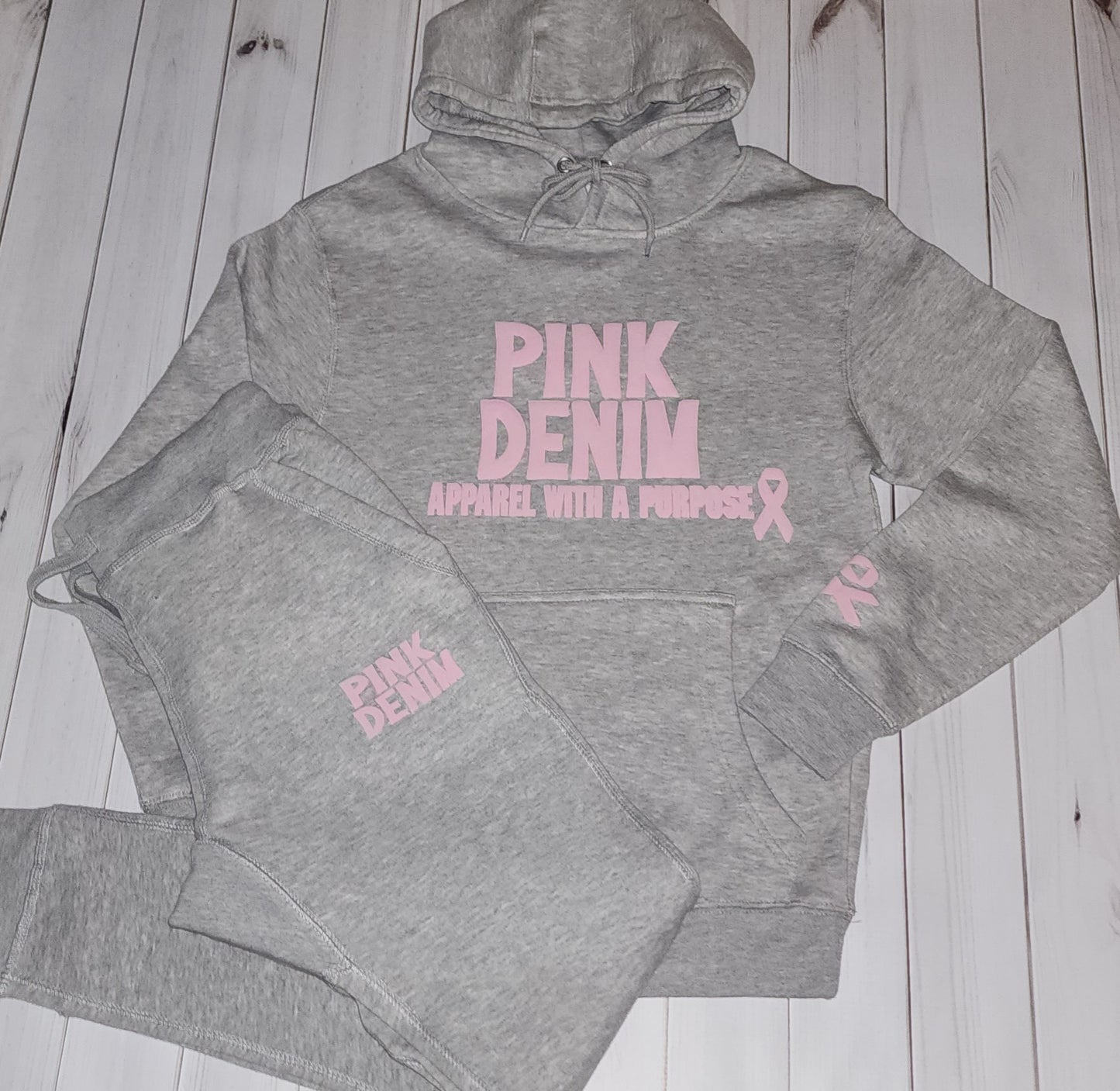 3D Puff Pink Denim Hooded Sweatsuit