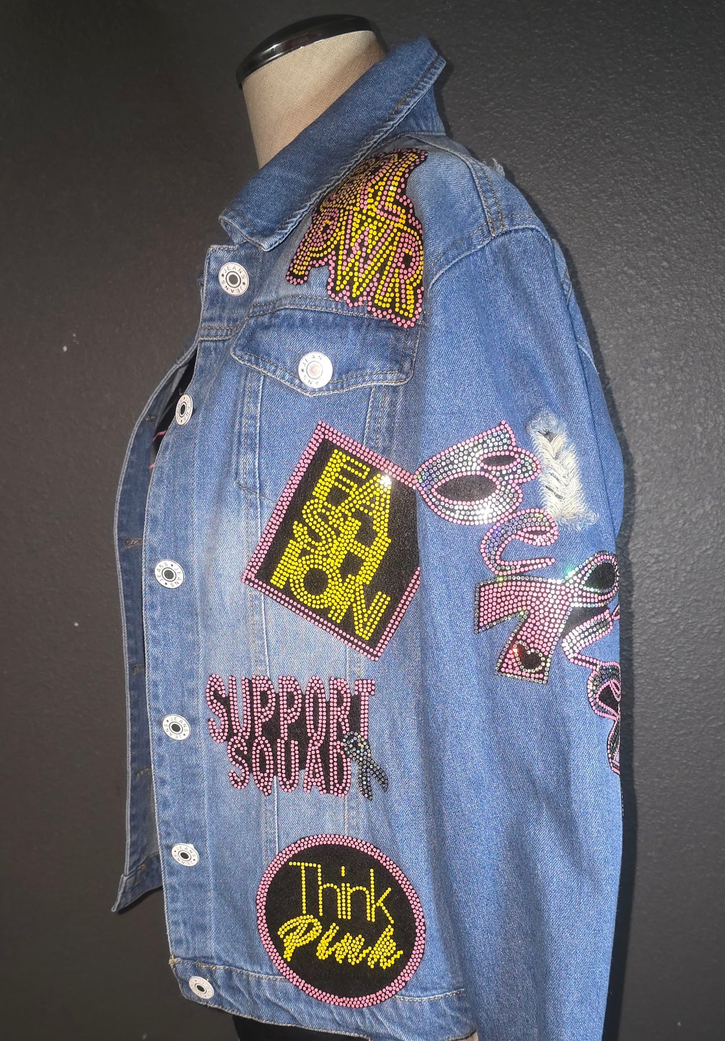 Pink/Yellow Distressed Denim Patch Jacket