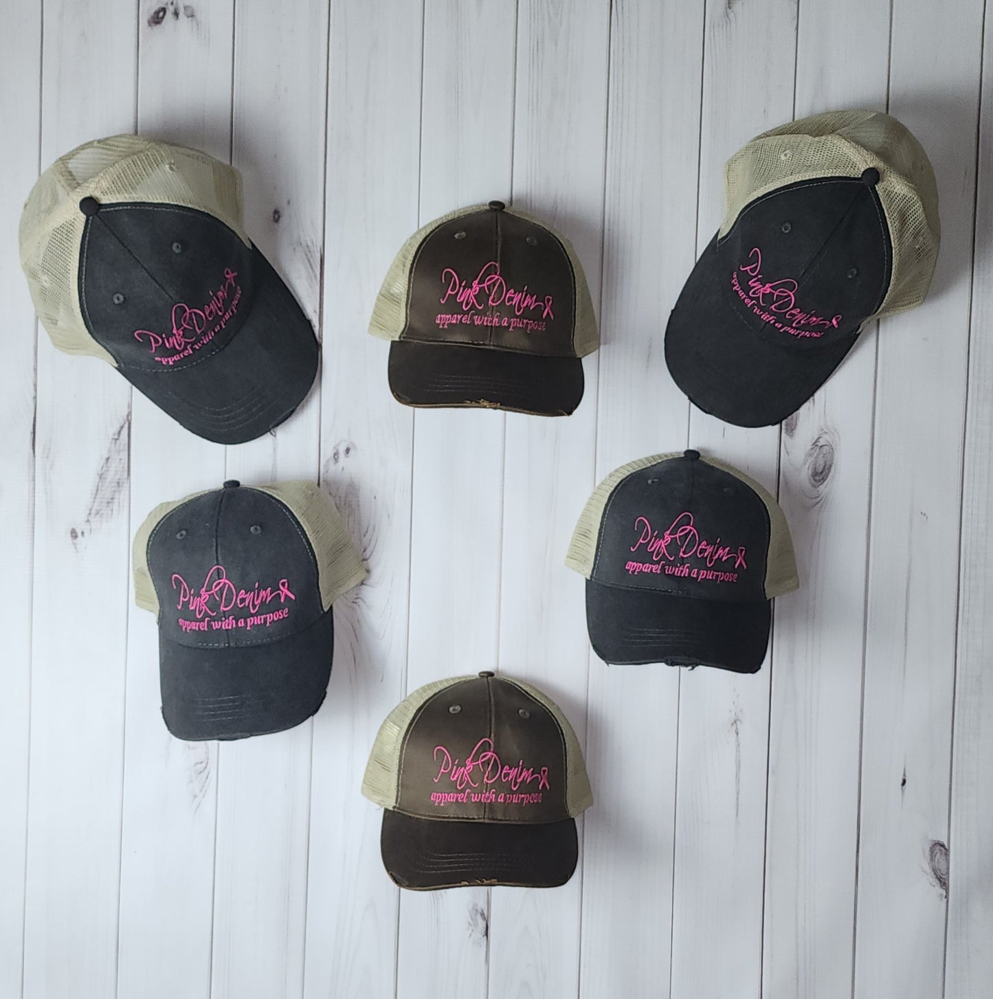 Pink Denim "apparel with a purpose" Distressed Trucker Hats